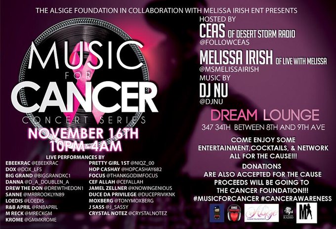 Tonight, all roads lead to #TheDreamLounge for the #MusicForCancer event! @ALSIGE_FNDN @MsMelissaIrish<a href="/tag/thedreamlounge"class="tags">#TheDreamLounge</a><a href="/tag/musicforcancer"class="tags"><span>#musicforcancer</span></a>