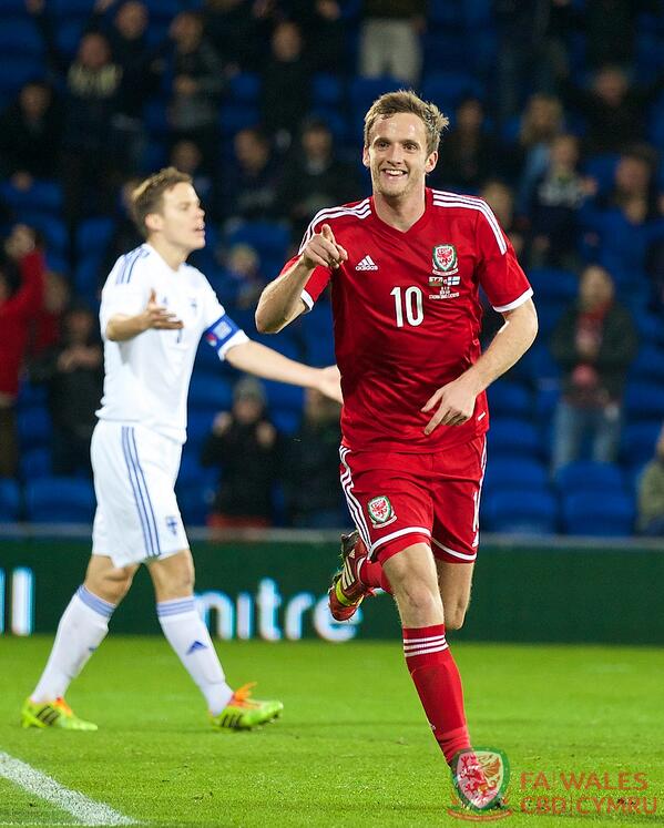 Photo: Wales' Andy King celebrates scoring the first goal against Finland. #WalvFin