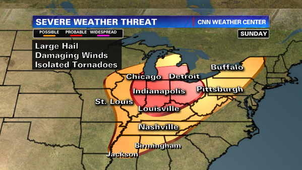CNNweather's tweet photo. The #severe weather threat extends over a larger area Sunday. Damaging winds, hail &amp; isolated tornadoes possible. http://t.co/6IbWm3fCjr