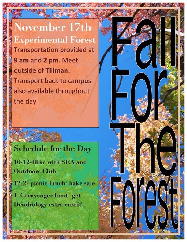 Stuenva's tweet photo. Fall for the Forest is this Sunday! Come out and enjoy Clemson’s experimental forest with SEA. http://t.co/mLJ1xINge7