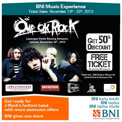 BNI's tweet photo. GRATIS Tiket konser ONE OK ROCK dgn buka rek BNI Taplus &amp; aktivasi e-Banking. Info : http://t.co/vEorI8t46H http://t.co/OXCpcKCsJp