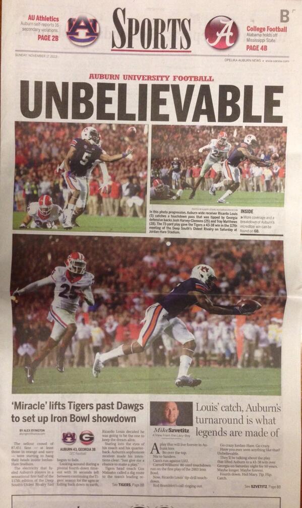The front of today's Opelika-Auburn News sports section. Truly UNBELIEVABLE