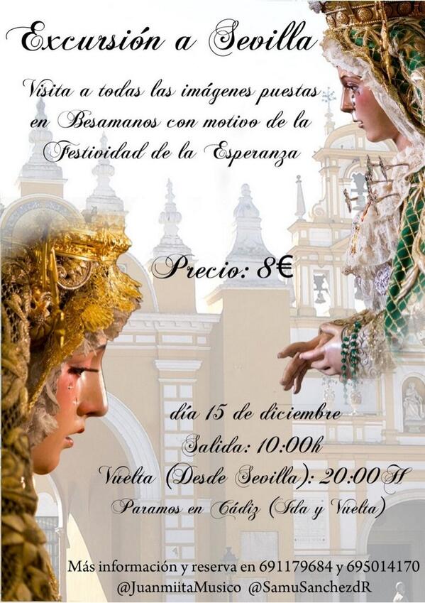 ExcursionesSFDO's tweet image. Últimas plazas para ir a la excursión cofrade a Sevilla ello rodillo 15 de diciembre del 2013!! Sólo 8 euros!
