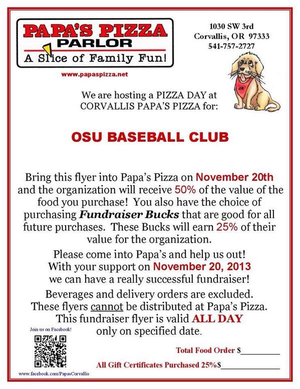 ClubBaseballOSU's tweet photo. Come support our team this Wednesday at Papa's Pizza! When using this flyer, 50% of proceeds go back to our club. http://t.co/C3fQihMa9O