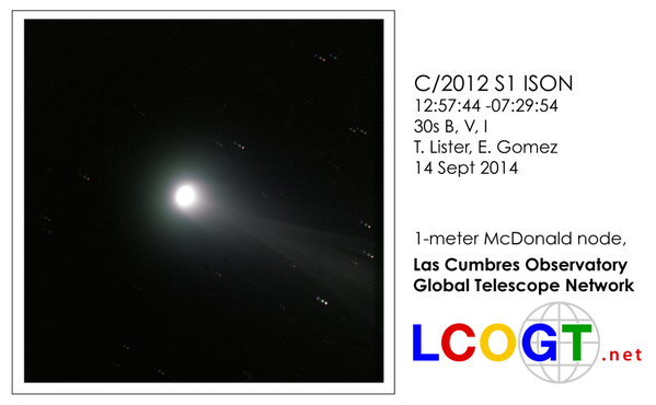 Comet ISON taken in 3 colour filters from @lcogt 1m telescope at <a href="/mcdonaldobs/">McDonald Observatory</a>. Nice bow shock &amp; tail structure.