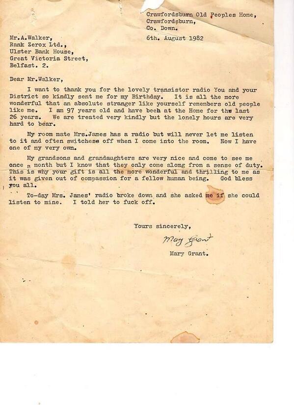 They don't make 'em like they used to - the heart warming thank you letter from a 97 year old...