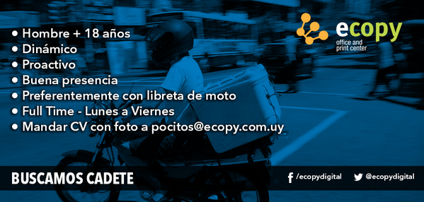 ecopydigital's tweet photo. Buscas trabajo? Formá parte de ECOPY! #TRABAJO  #CADETE #URUGUAY #ECOPY http://t.co/eETvvZbCKU