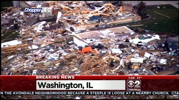cbschicago's tweet photo. The view of Washington IL at daybreak from Chopper 2. http://t.co/mcs1yG1sJZ #WashingtonIL #tornado http://t.co/Uf8nRIZ8UW