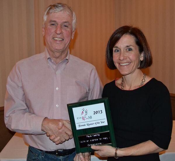 RunNB's tweet image. . @PaulaKeating3 of Miramichi (right) receives RunNB 2013 Female Runner of the Year. That's 5 years in a row! #runnb