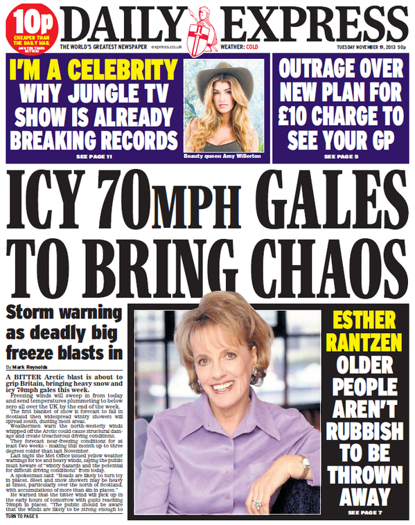 SkyNews's tweet photo. DAILY EXPRESS FRONT PAGE: "Icy 70mph gales to bring chaos" http://t.co/6wzkwHYn9o