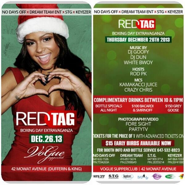 NoDaysOffYYZ's tweet image. “@Keyezer: Thurs Dec 26th #RedTag Boxing Day Extravaganza @Voguesupperclub 2 tickets for the price of 1 @NoDaysOffYYZ