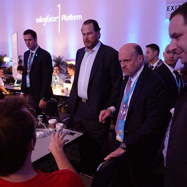 SalesforceDevs's tweet image. Mad Money @jimcramer &amp;amp; @Benioff with developers at the Salesforce $1 Million Hackathon. W00t! #salesforcehack