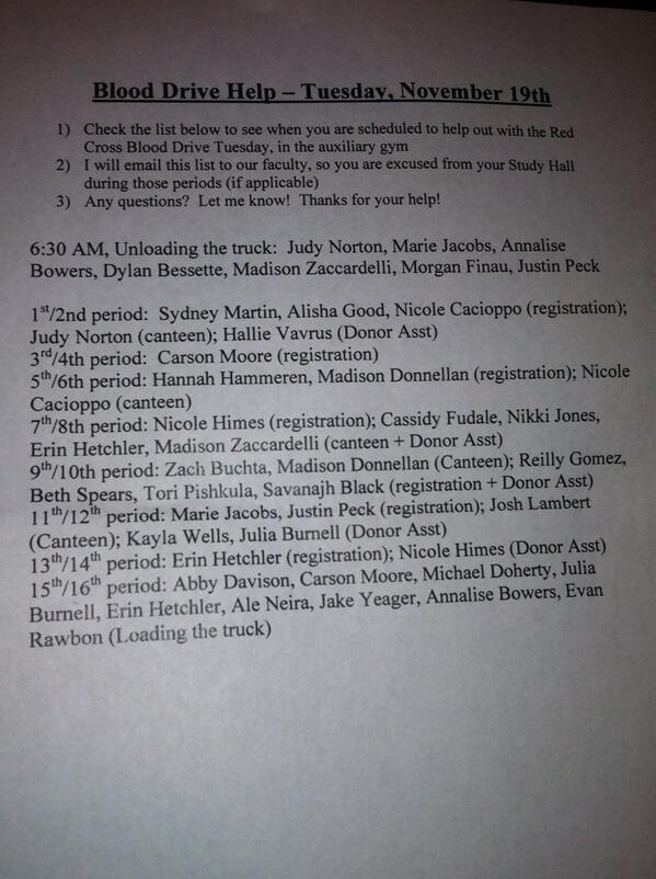 Here is the list of people, and their duties, that are helping out tomorrow for the blood drive ❤️👍👌💉🎈