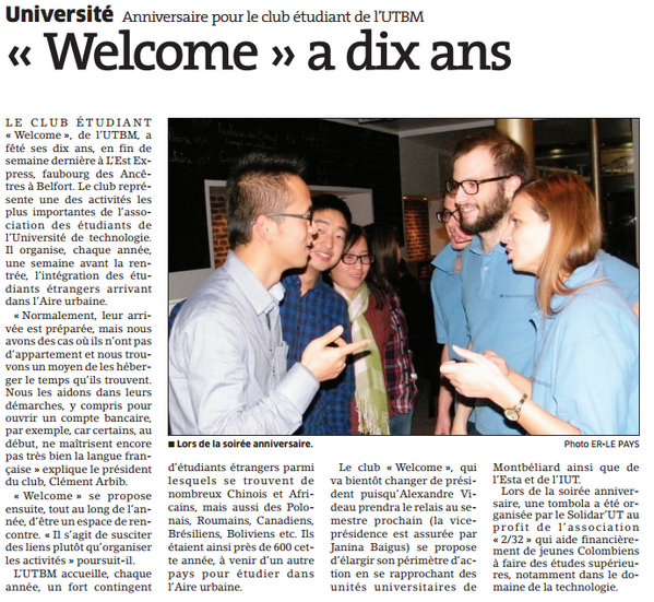 Les 10 ans du <a href="/WelcomeUTBM/">Club Welcome AE UTBM</a> dans le journal ! En projet: Création d'une section #ESN sur #Belfort et #Montbéliard