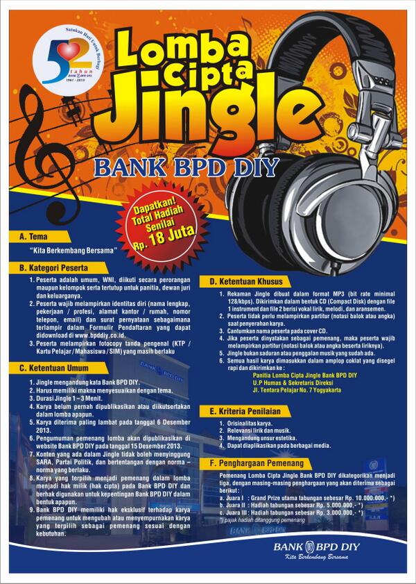 sulthoni_99's tweet photo. @JogjaUpdate Ikutilah Lomba Cipta Jingle Bank BPD DIY http://t.co/xVFlg7Sd8w