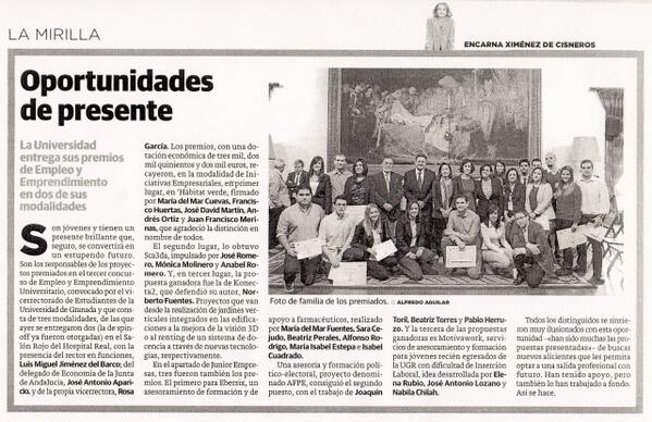 FAJEnetwork's tweet photo. Reseña sobre la entrega de premios del III Concurso Emprendimiento Universitario UGR @Ebersix @AFPE_JE @MOTIVAWORK http://t.co/EkdBSdYPJp