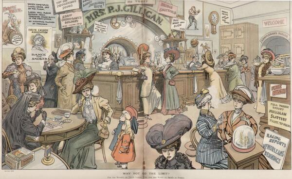 gracefrancesf's tweet photo. A 1908 image intending to be a horrifying glimpse of a post-suffrage future. Now it just looks like an awesome bar. http://t.co/jeWDBRJxtP