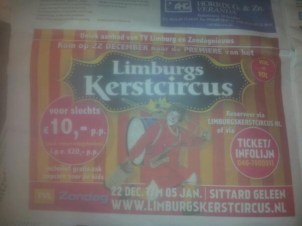 Zondagsnieuws 17 november
Uniek aanbod: Limburg Kerstcircus! Nu van €20,- p.p. naar €10,- p.p. #AvdW