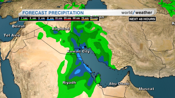 MariRamosTV's tweet image. Heavy rain for Persian Gulf region. #Kuwait City could see more than 3x monthly rainfall next 2 days. #CNN