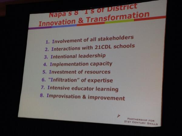 newtechnetwork's tweet photo. RT @AnneLOBrien1 "The 8 I's of district innovation and transformation, according to @NVUSD #p21summit #edreform http://t.co/EhM1mACfQF"