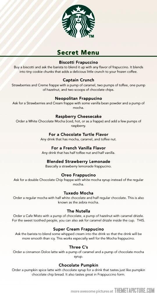 eternaIfriends's tweet photo. The Secret Menu at Starbucks http://t.co/z21I2p2SG7