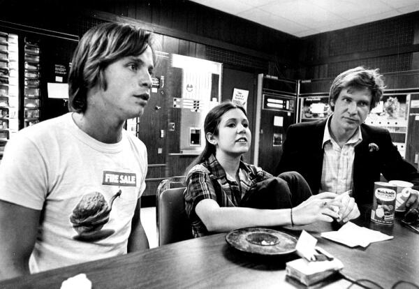 HistoricPix's tweet photo. Mark Hamill, Carrie Fisher, and Harrison Ford out promoting STAR WARS (1977) http://t.co/pdmUmnSeXD