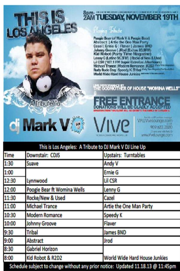 DJLiLCSR's tweet photo. Join me 2night as we celebrate the life of @djmarkv .. Great music with great friends, FREE ALL NIGHT! See u there! http://t.co/s1q8CKVb26