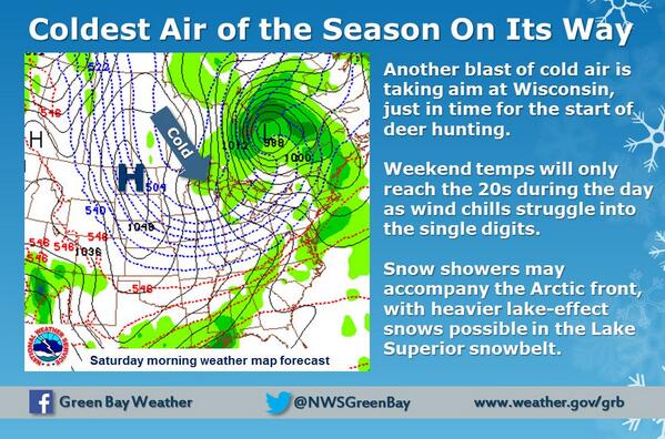 NWSGreenBay's tweet image. More cold air, just in time for the start of deer hunting season. #wiwx
