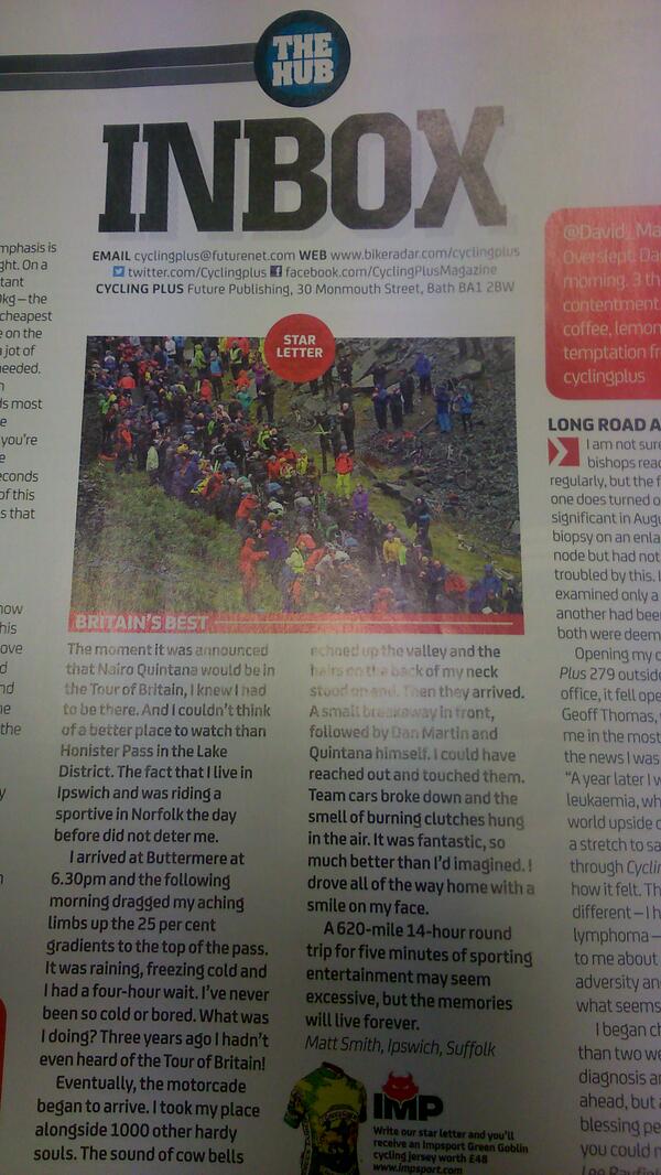 TourofBritain's tweet photo. We loved this star letter in @cyclingplus this month. Great effort by Matt Smith who wrote it #tob2013 #tobcumbria http://t.co/2ZckqfUvrO
