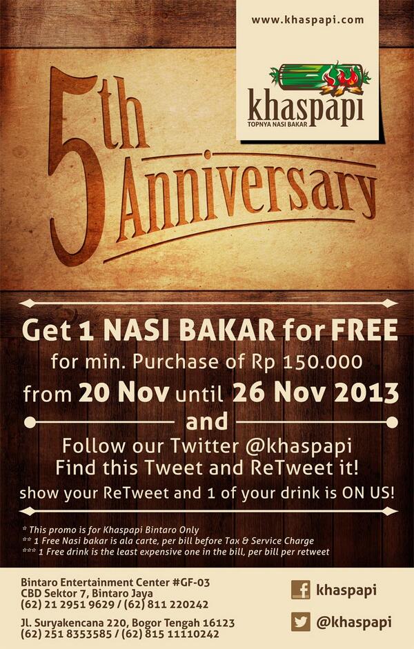 khaspapi's tweet image. 5th Anniv. BINTARO PROMO. Follow @khaspapi and retweet this to get 1 FREE drink! ;) #nasibakar @KabarBintaro