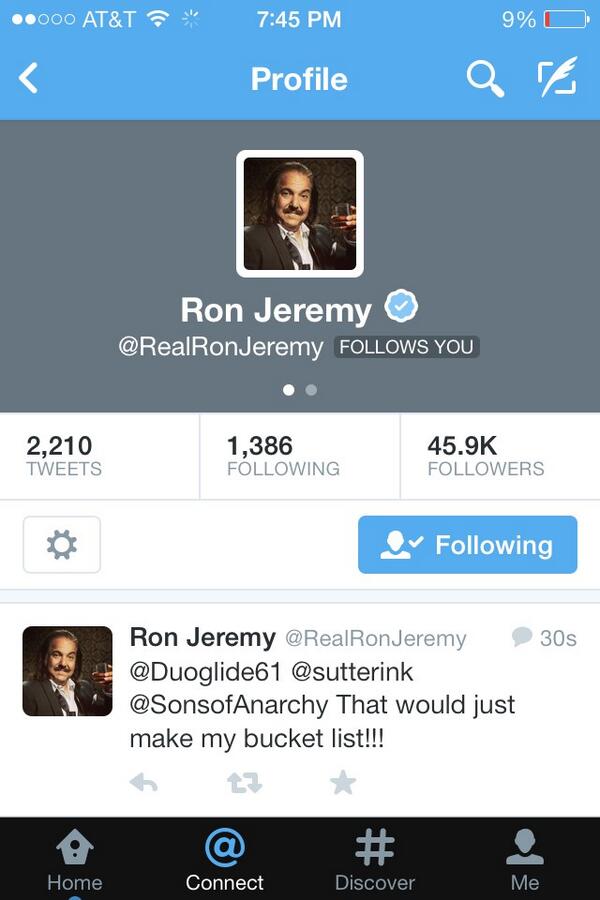 cliff801's tweet image. Finally Ron Jeremy follows me you can all suck it!!! Haha #pumped #ashell