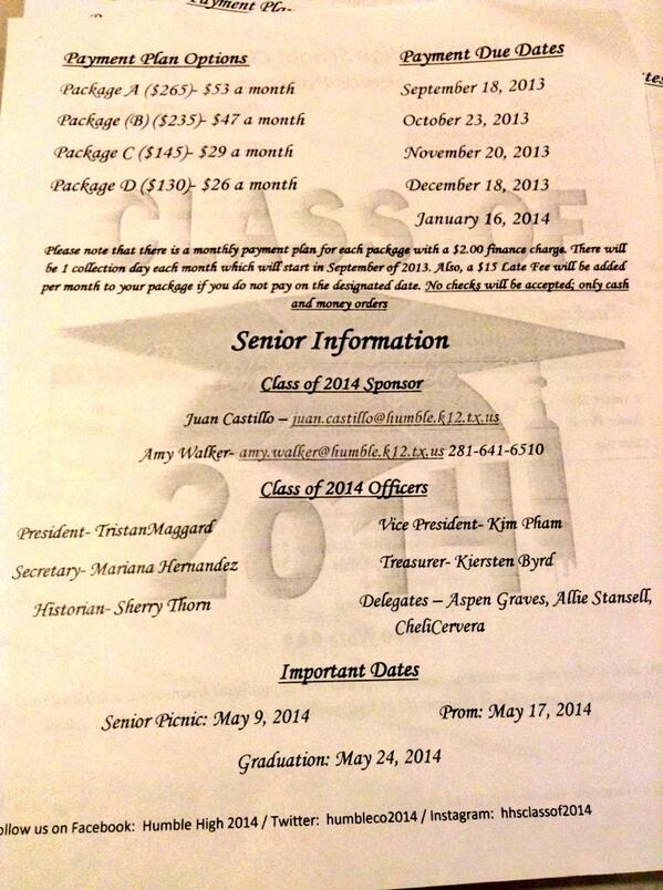 HumbleCO2014's tweet photo. Senior Dues are due this THURSDAY, November 21! http://t.co/lfiaTiLtAE