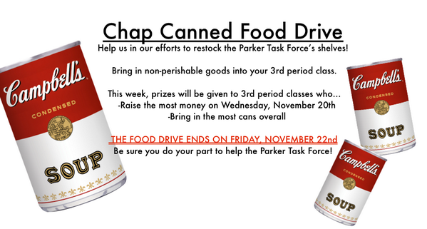 ChapClassOf2014's tweet photo. Last week of the Canned Food Drive!!! Make sure to bring some cans into your 3rd period class this week! http://t.co/UNaP5tUFxy