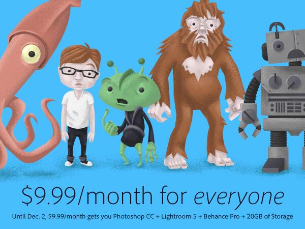 Photoshop's tweet image. Now EVERYONE can get Photoshop, Lightroom, ProSite &amp;amp; 20GB of storage for $9.99/mo thru Dec. 2: adobe.ly/1eiecuF