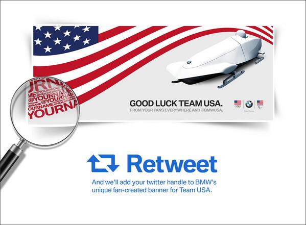 .<a href="/BMWUSA/">BMW USA</a>’s banner for #TeamUSA needs your name. Retweet to show your support. #BMWTweets4USA awe.sm/gHqs3