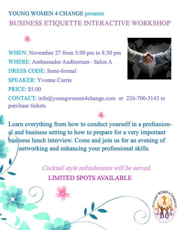 YWomen4C's tweet photo. @UWMentalHealth @ClarkRez @UWPSC @uwingreen
Awesome Opportunity- A Business Etiquette Workshop just $5- November 27 http://t.co/9326JF4cyv