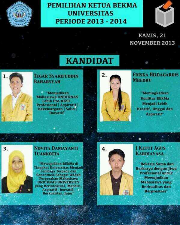FHUndiknas's tweet photo. Selamat pagi kawan hari ini adalah pemilu ketua Bekma Undiknas periode2013-2014.pilih yg terbaik.FEB,FH,FISIP,dan FTI http://t.co/kZLhcvK8xy