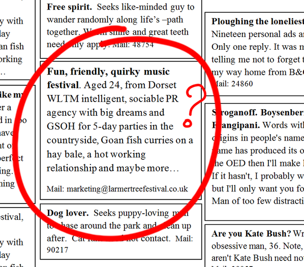 LarmerTreeFest's tweet image. Small festival who think BIG #WLTM a funky PR agency who aren't afraid to do the same @nigelbotterill #BottysEC