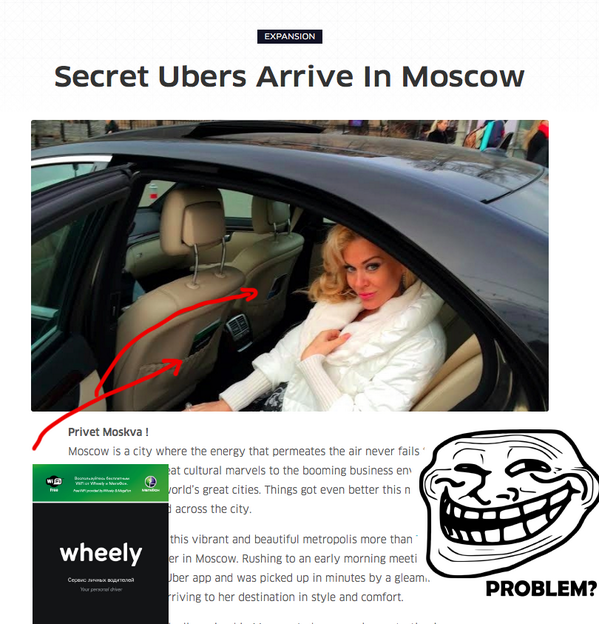 136th's tweet photo. Это очень смешно. @Uber_Moscow сегодня запустили свой сервис в Москве.. на машинах @WHEELYRU :)) Машин своих нет? :)) http://t.co/L8sP50uKc5