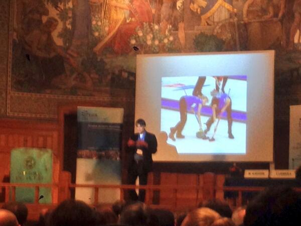 A_Jacobsson's tweet photo. Professor Alvesson explains the concept of curling. As in "curling universitets"... #EQAF http://t.co/zwLaXBZnKo