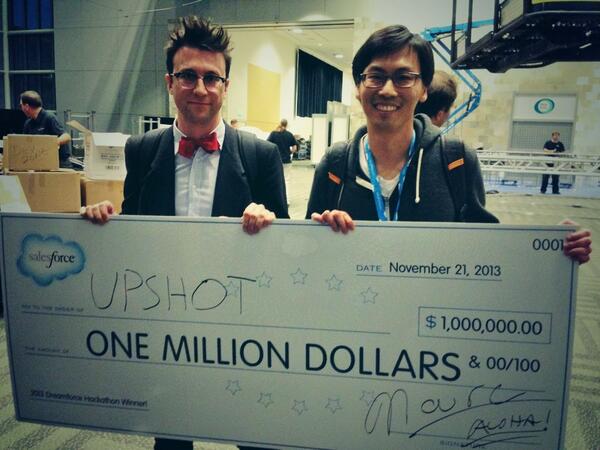 RT <a href="/Benioff/">Marc Benioff</a> <a href="/forcedotcom/">Force.com</a>: 1 more rd of applause for Salesforce $1M Hackathon winner, UPSHOT! #salesforcehack #DF13