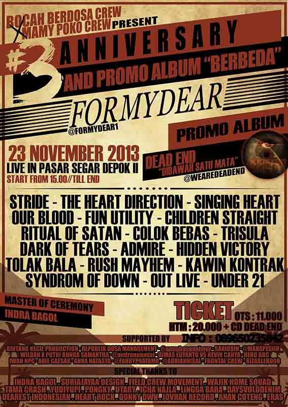 tinggal besok nih acara promo album <a href="/ForMyDear1/">FOR MY DEAR</a> &amp; @weareDEADEND dipsd2, infotiket+cd Rp.20rb co: 089650235842 (yupi)