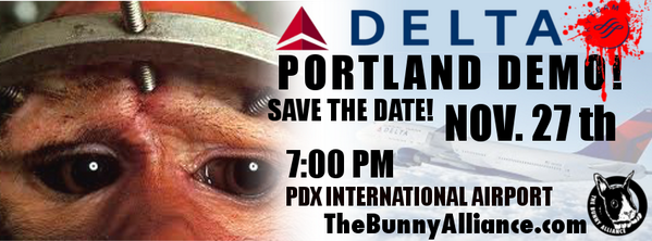 PDXAnimalLib's tweet photo. Protest @ PDX Airport Against Delta's Support of Vivisection this Wednesday (11/27) at 7pm http://t.co/ZTl1RoxDoc http://t.co/drMrT2TjnN