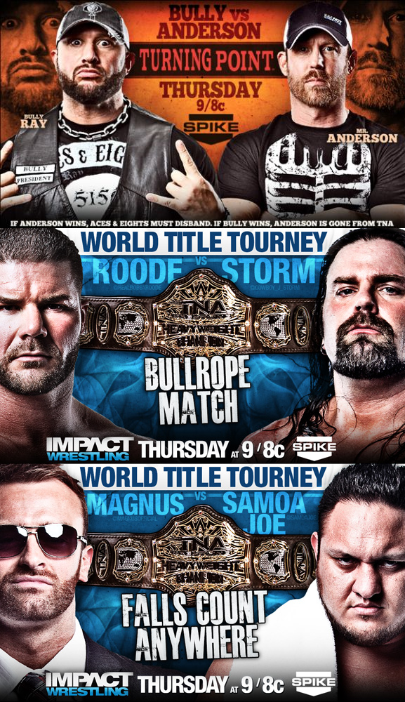 Turning Point tonight at 9 on Spike! Joe vs Magnus, Storm vs Roode & Bully vs Anderson! Plus... Shark Boy! #TNA