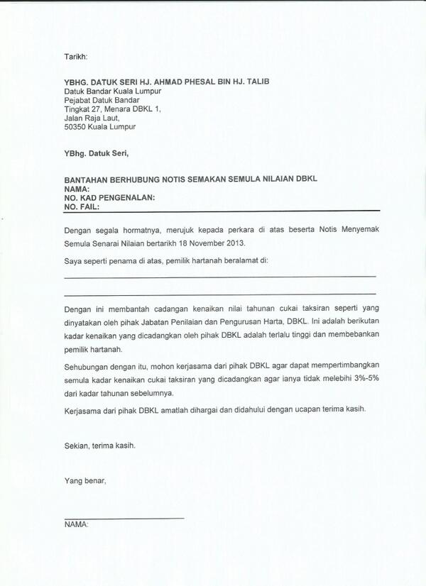 Contoh Surat Rayuan Cukai