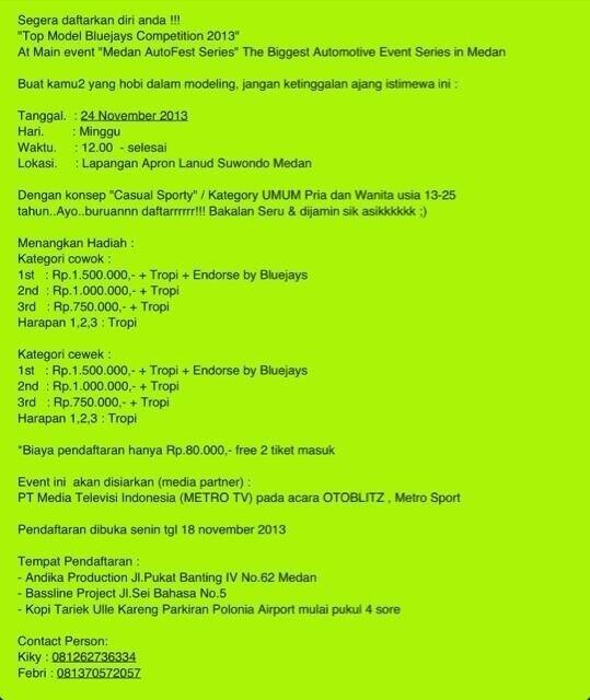 Top Model Bluejays Competition 2013 ,Minggu 24 Nov at Lanud Polonia Medan @KissFmMedan @TuitMedan <a href="/KelilingMedan/">#KelilingMedan</a>