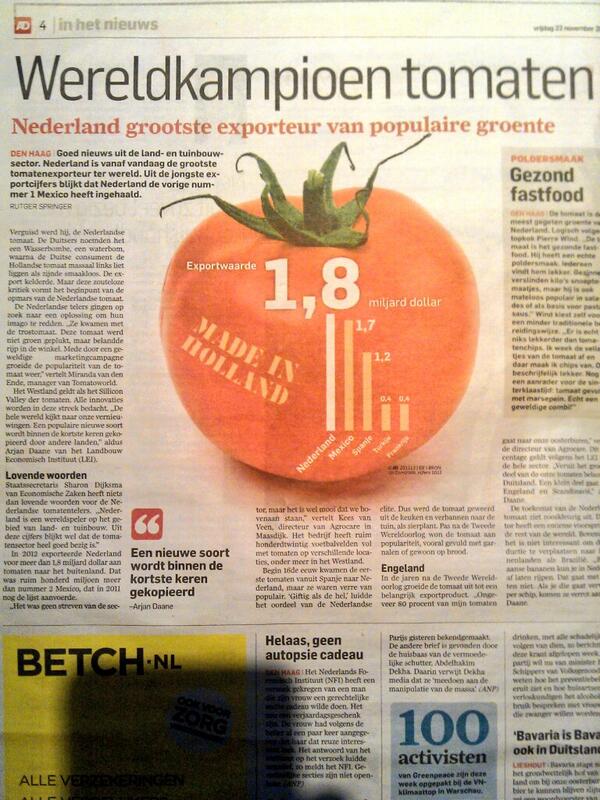 Veel trotse tweets: NL wereldkampioen export tomaten! Fraai artikel in AD, met o.m. <a href="/TomatoworldNL/">Tomatoworld</a>  #GlastuinbouwPR