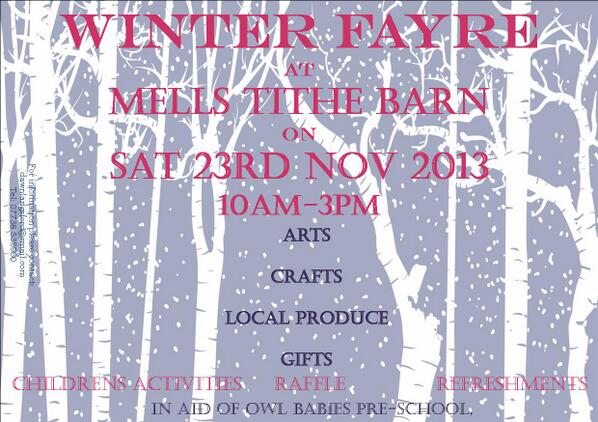 <a href="/SFMMarkets/">SomersetFarmersMkts</a> <a href="/FlavourMagazine/">Flavour Magazine</a> <a href="/FromeStand/">Frome Standard</a> Any chance of retweet? Winter Fayre tomorrow, 10-3pm, Mells Barn, Somerset