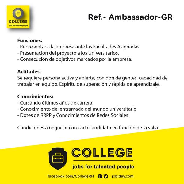 CollegeGranada's tweet photo. Apúntate al proceso de selección y formar parte de nuestro equipo de AMBASSADOR. Manda tu CV a info@collegerh.es http://t.co/qzdpFQMD5Z