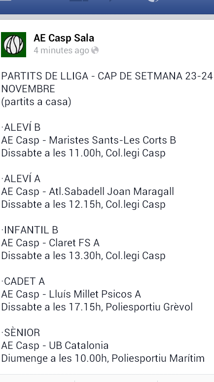 AECasp_Sala's tweet photo. PARTITS A CASA - CAP DE SETMANA 23-24 NOVEMBRE http://t.co/OWGflfRAMb
